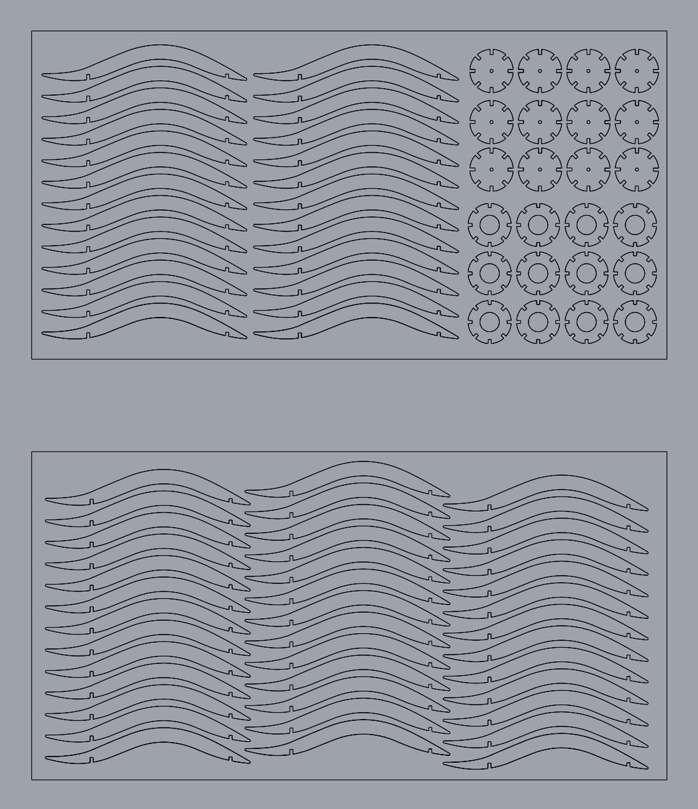 Laser cutting layout on two plywood sheets: rows of curved ribs and two kinds of notched ring