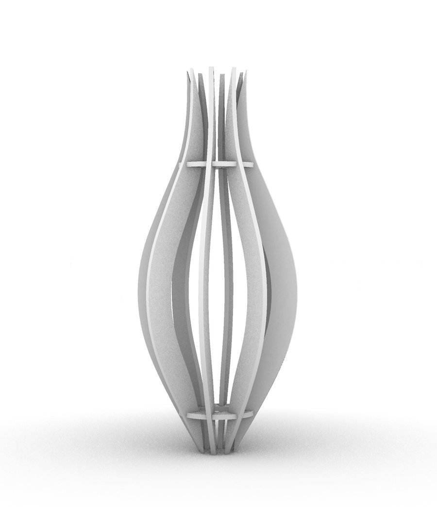 Rhino render of the lamp: curved plywood ribs held by two notched rings, one near the top and one near the base