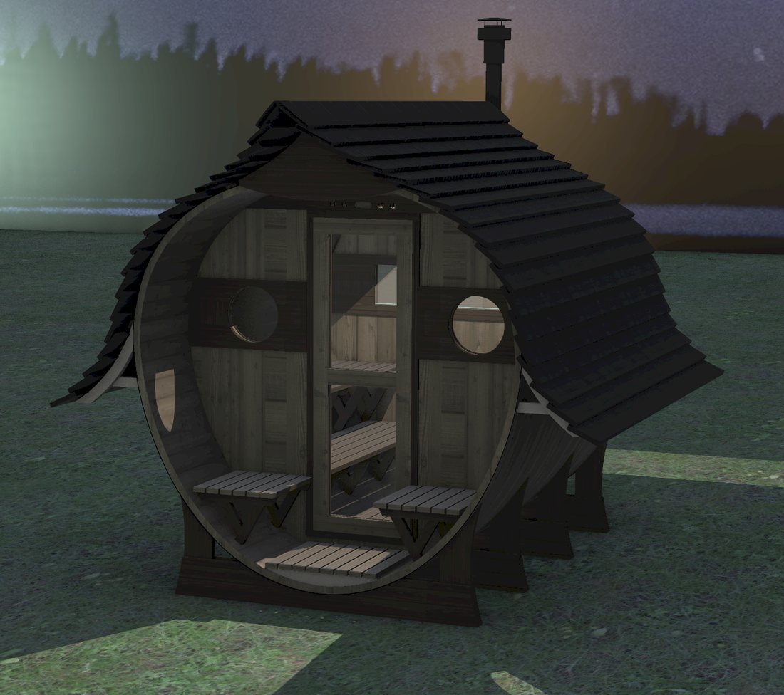 Night render of the sauna model under a starry sky