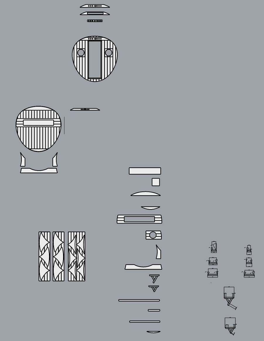 Layout of the sauna's parts drawn flat: end walls, feet, roof pieces, benches and trims