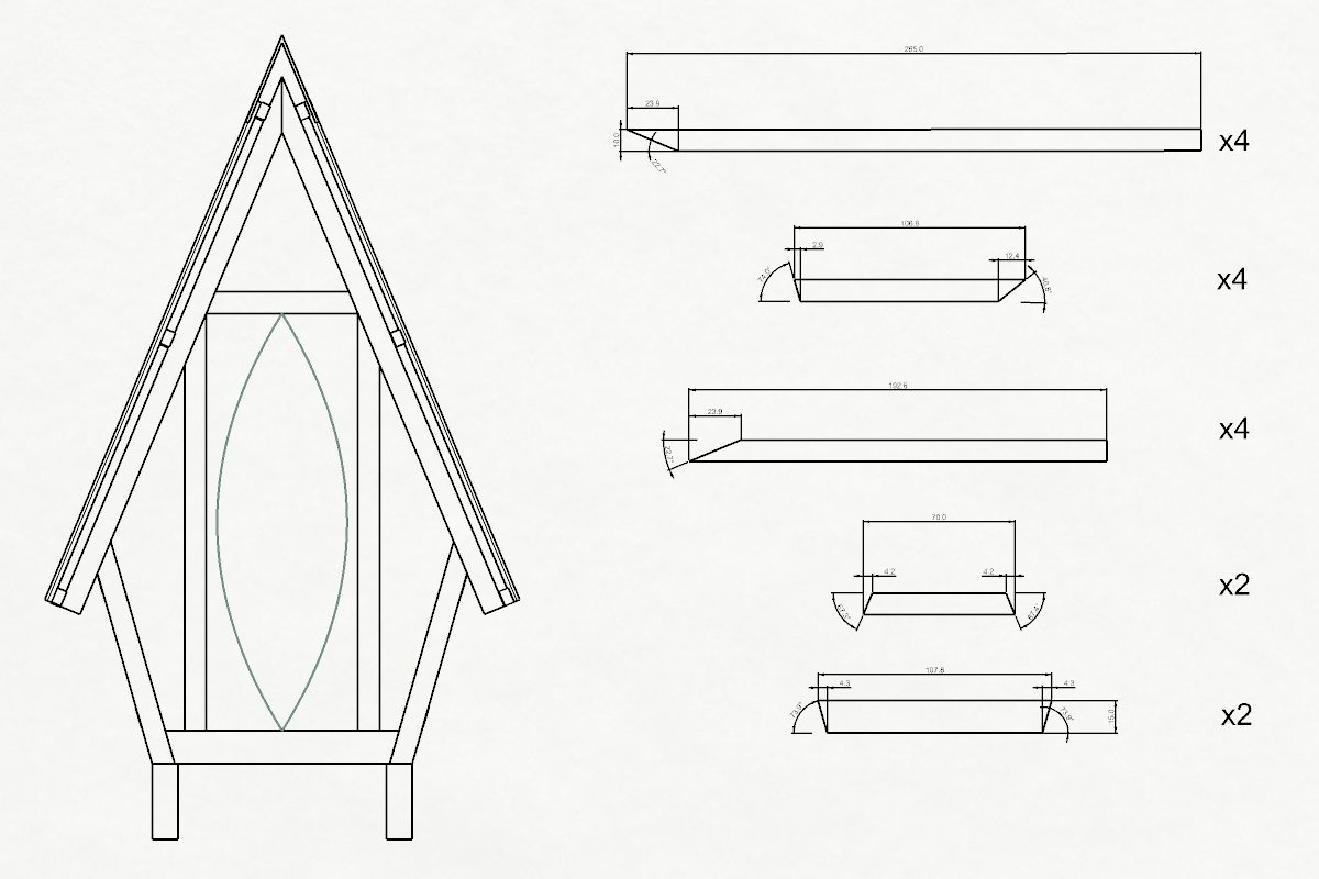 Front elevation of the shrine frame beside its cut list of angled timber pieces