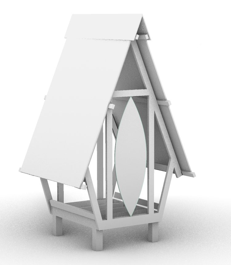 Rhino render of the shrine: an A-frame on short legs, with a steep roof and an almond-shaped panel in the gable