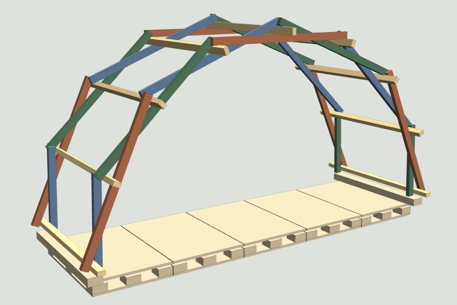 3D model of the reciprocal arch woodshed on its pallet deck