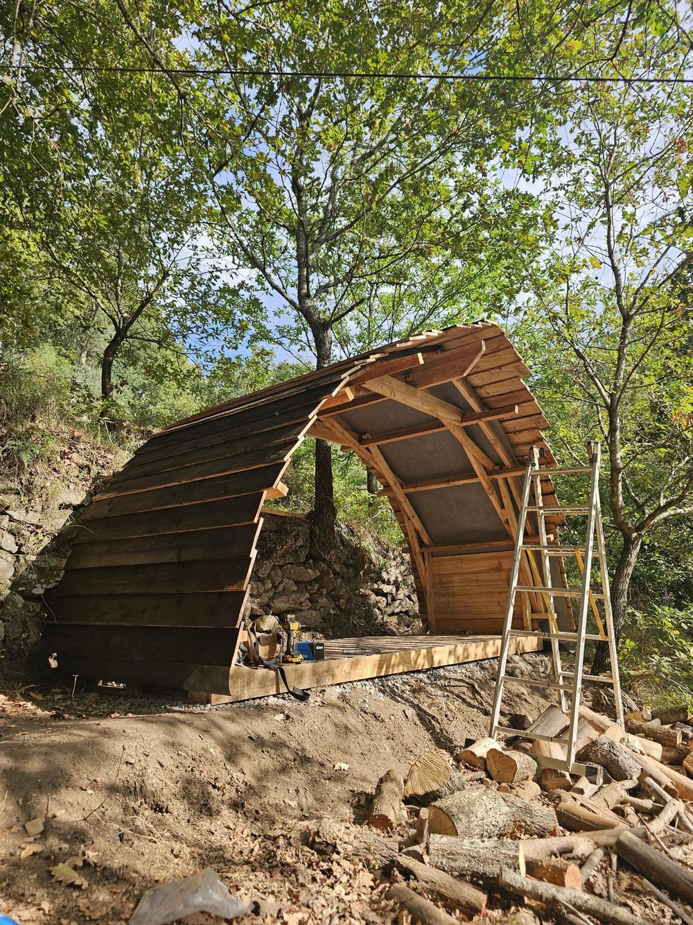 The woodshed clad in overlapping boards, with a ladder and a pile of firewood in front