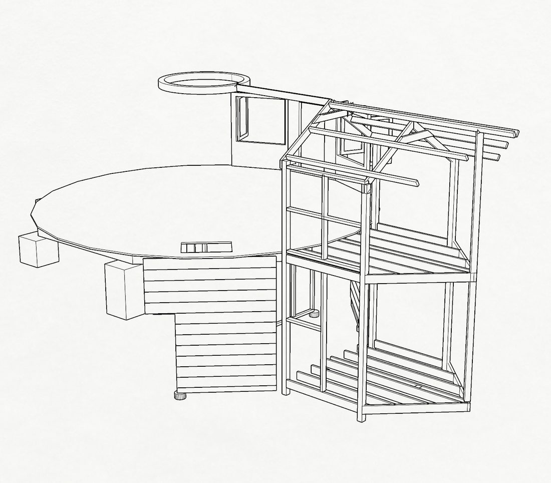 Line drawing of the same model, showing the two-level frame, floor joists and roof rafters