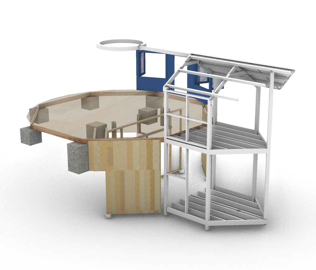 Rhino model: the yurt's round platform on stone footings, a two-level timber frame cutting into it, and a roof beam running to the yurt's crown ring